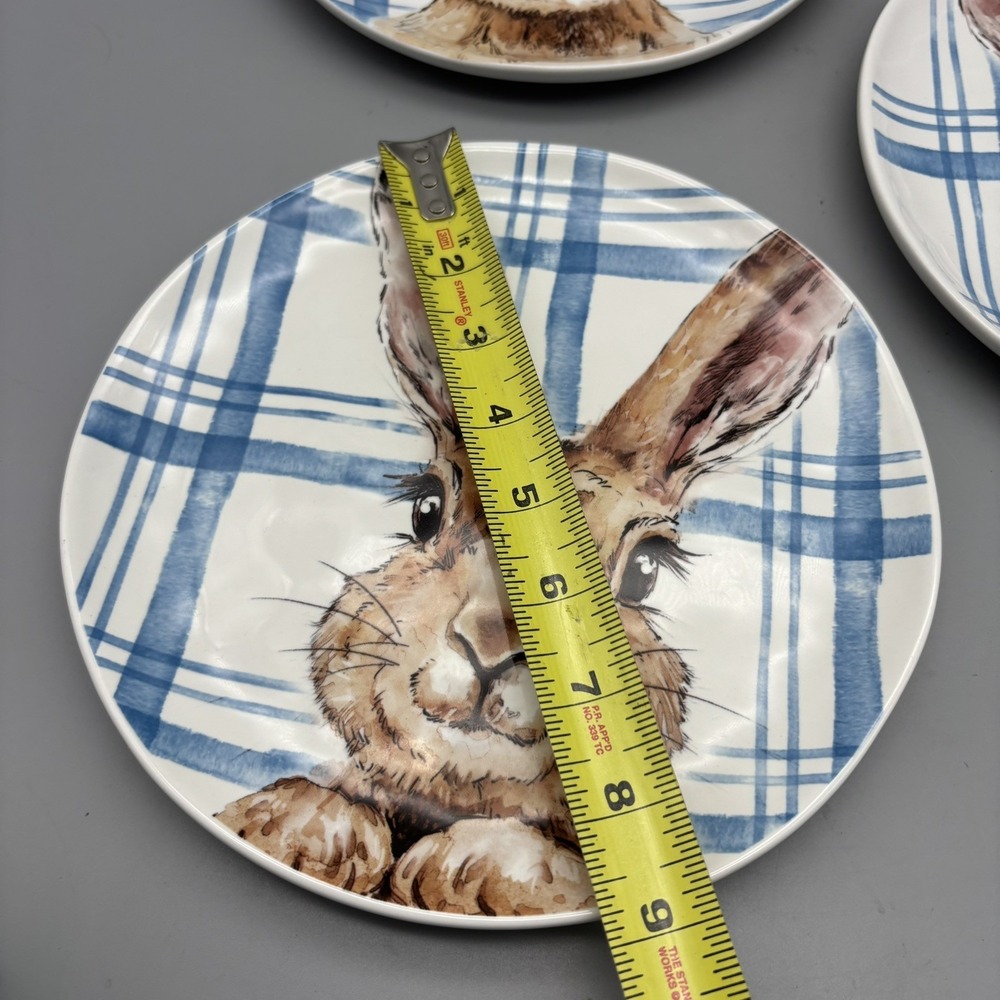 HENRY BUNNY Set of 3 Salad Plates 8.75" Pier 1 Imports Blue Plaid Easter Spring - Picture 8 of 8